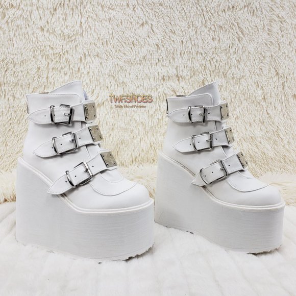 Demonia Shoes White Platform Wedge Goth Punk Ankle Boots Swing